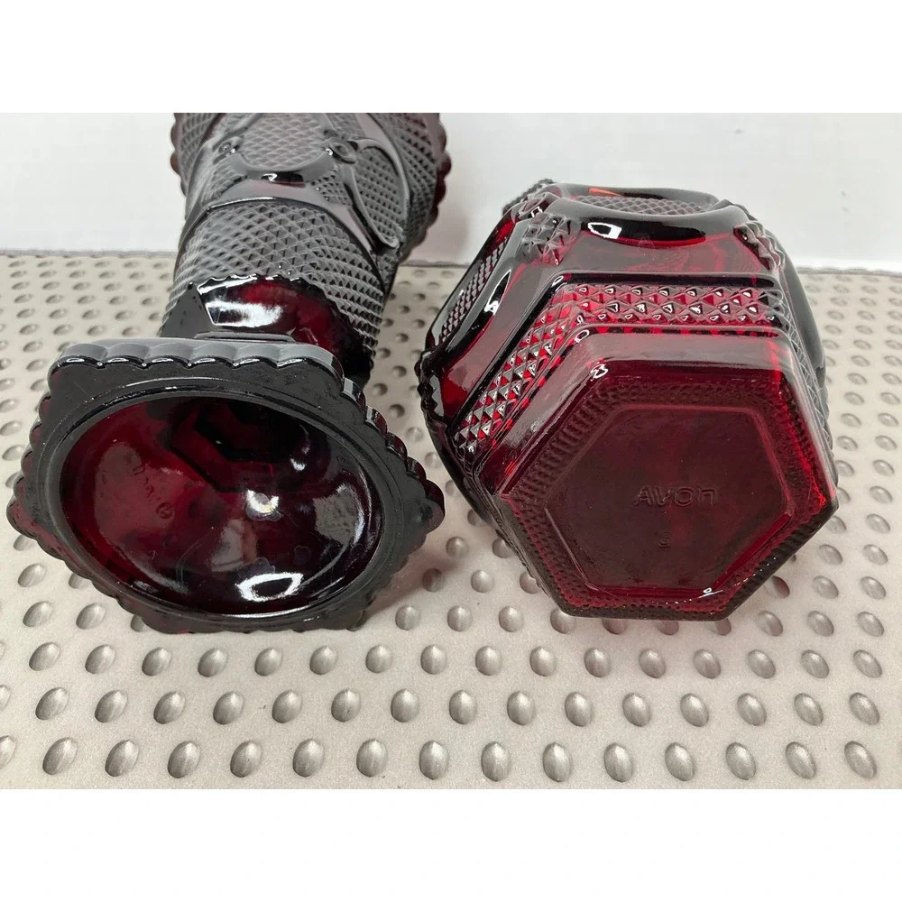 Avon 1876 Cape Cod Ruby Red Glass Vase and Decanter with Stopper Set 2pc Vintage